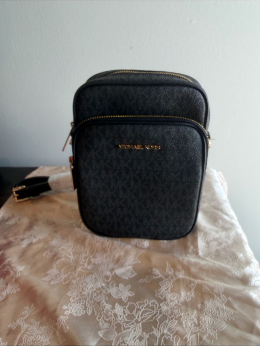 Michael Kors Black Logo-Print Belt Bag with Gold Hardware